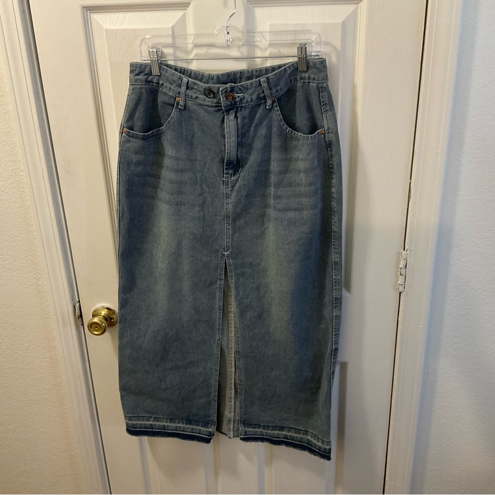 Denim Midi Skirt with Front Slit